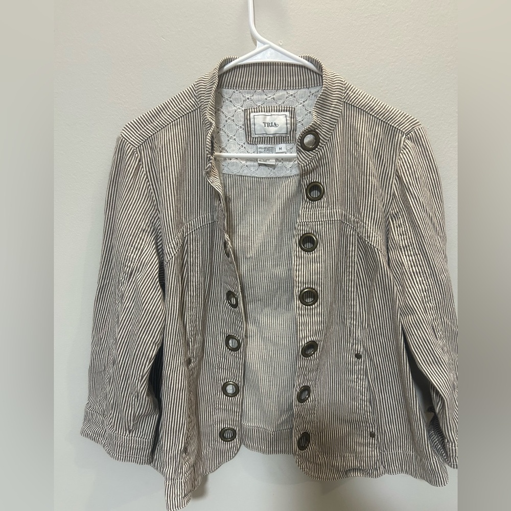 Tria Tan Brown Striped Grommet Jacket Lace Trim Medium 0156